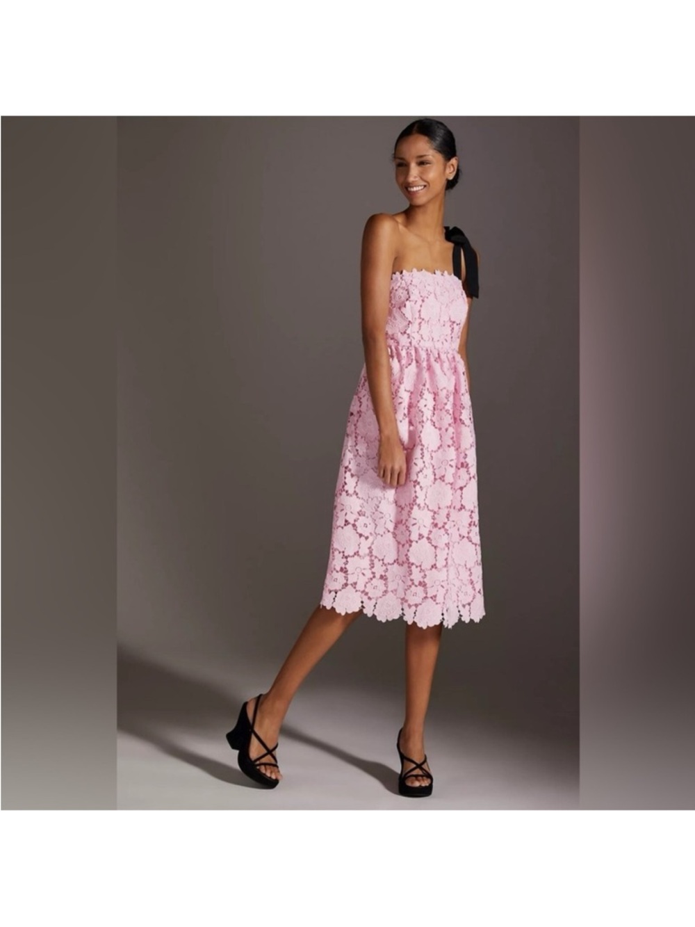 Maeve Pink One-Shoulder Lace Midi Dress with Black Bow